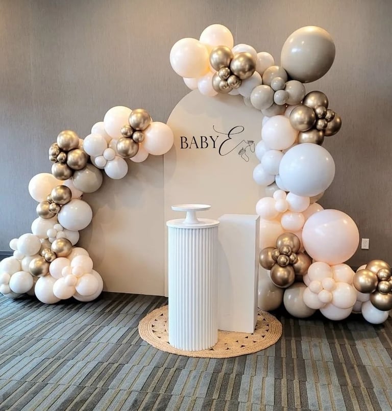 Baby shower balloon backdrop with two panels and plinths