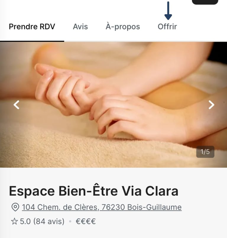 Page Planity de L'Espace Bien-Être Via Clara, indiquant le bouton "Offrir"