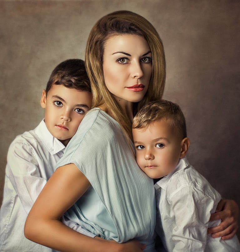Mother embracing her two sons during a fine art family portrait session in Sydney studio