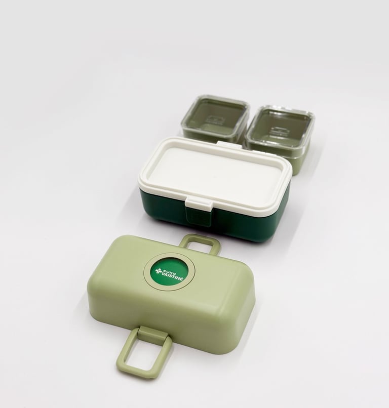 Green reusable lunch box set with divided compartments and Euro Vaistinė branding for meal prep.
