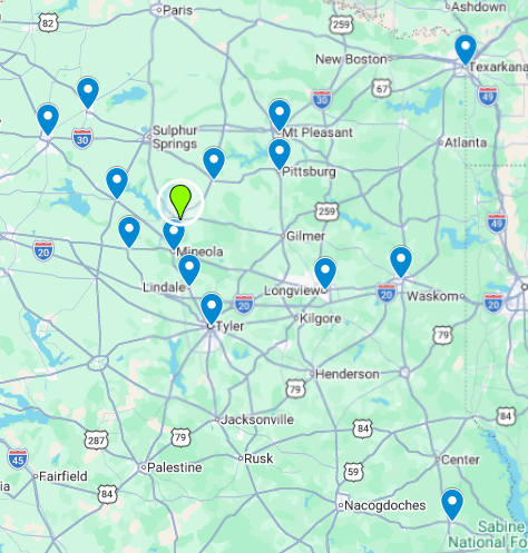 Map of Eckles Vending service areas in East Texas showing pin locations