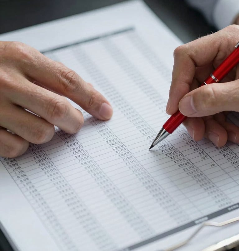 Extreme close-up of a financial analyst's hands annotating a printed audit report on a desk, cool north-facing daylight, red pen marking specific line items in a dense financial schedule, forensic precision visible in the margin notes