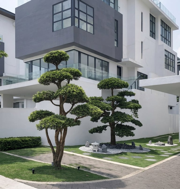 Modern residential landscape design with sculpted garden trees and zen garden by Yie Yang Landscape