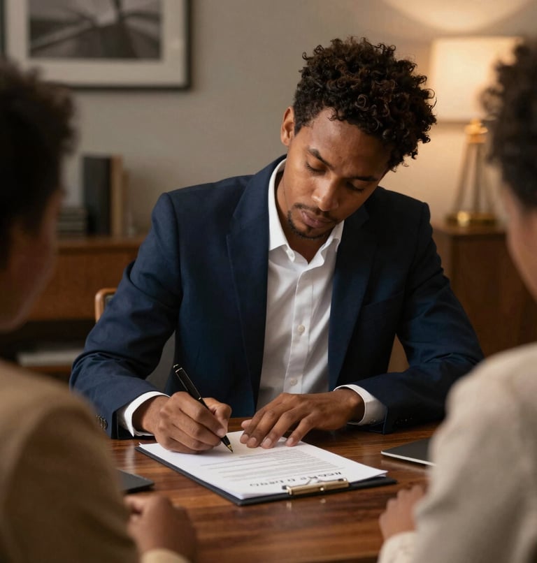 A professional notary in a dark blue suit signing documents at a client's home with warm natural light