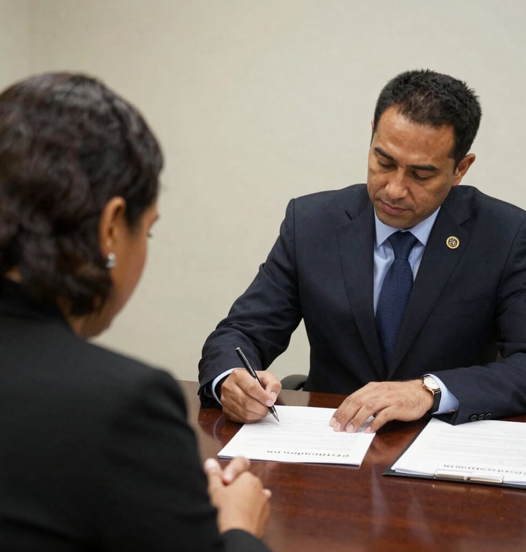 A notary carefully reviewing estate documents at a quiet library table with soft overhead lighting