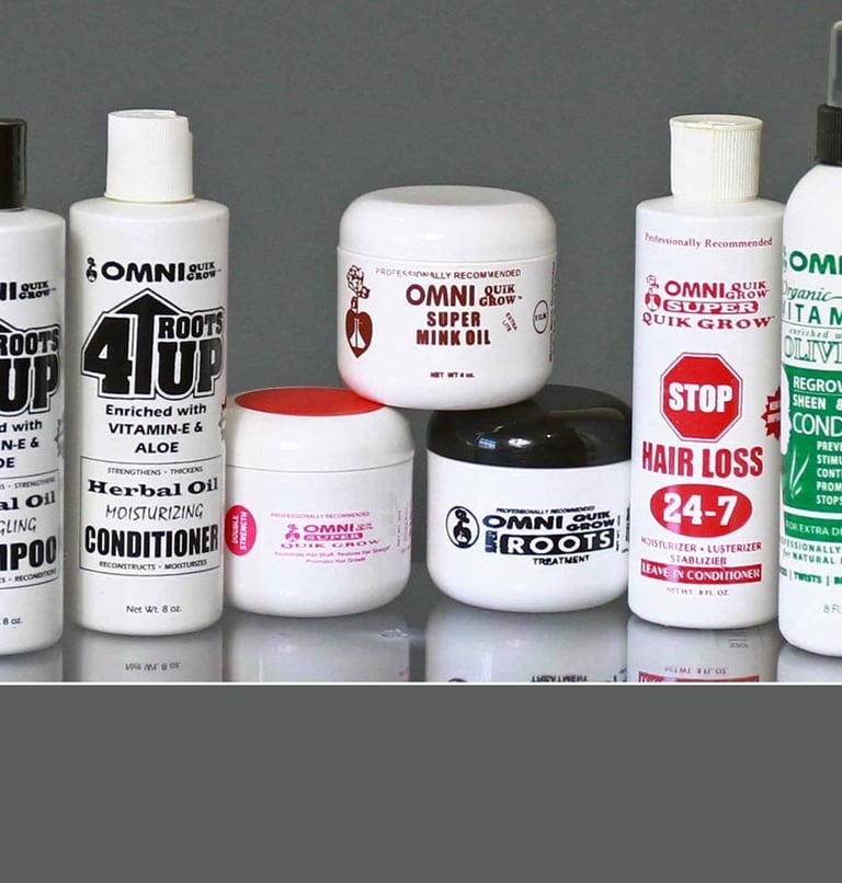 Omni World hair care products including herbal oil shampoo, conditioner, and hair loss treatments.