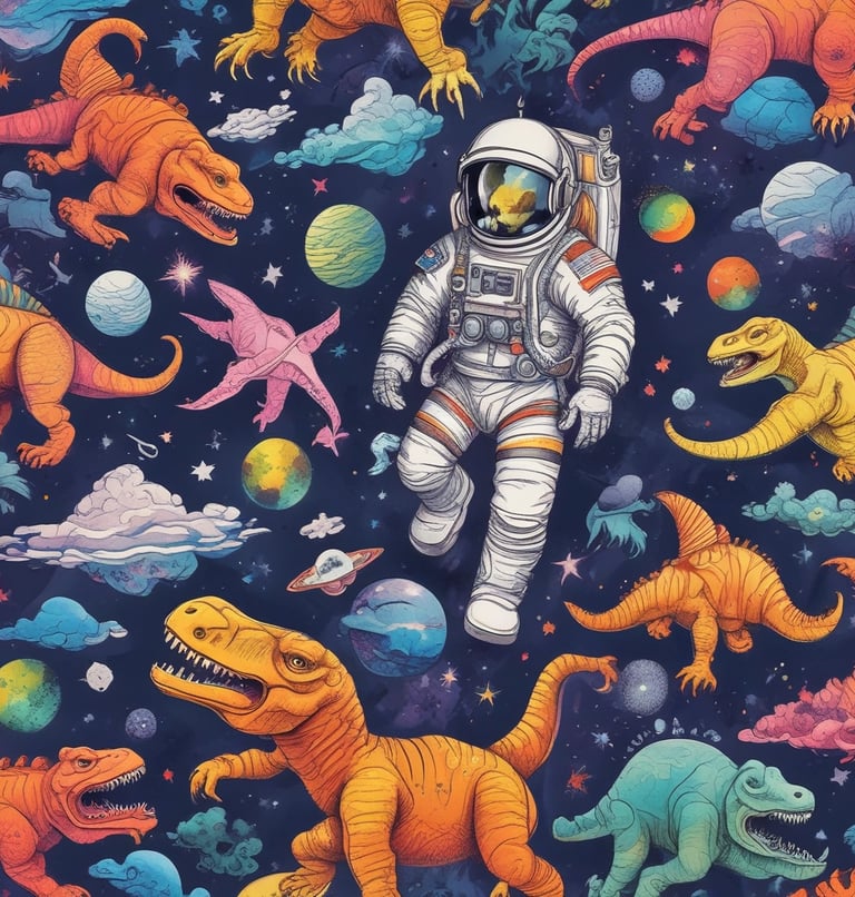 Colorful stretch fabric roll with playful children's and pajamas patterns in purple, white, and blue tones.