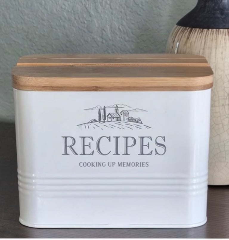 White Metal Recipe Box with Wood Lid and "Recipes - Cooking Up Memories" Design.