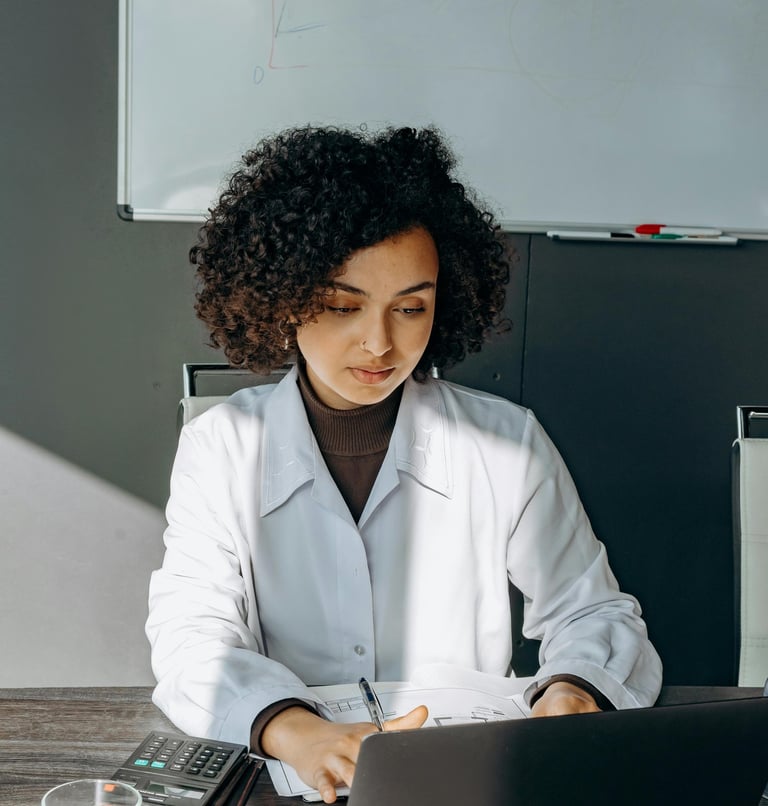 White coat lady in an office environment