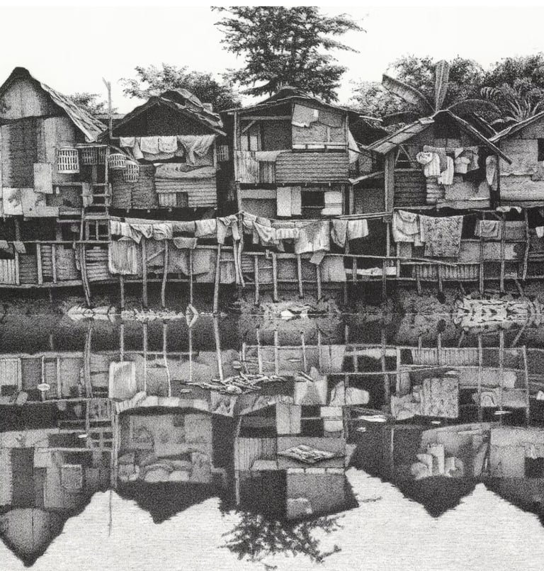 Kampung Jakarta Reflections, ink drawing ©Ken Pattern