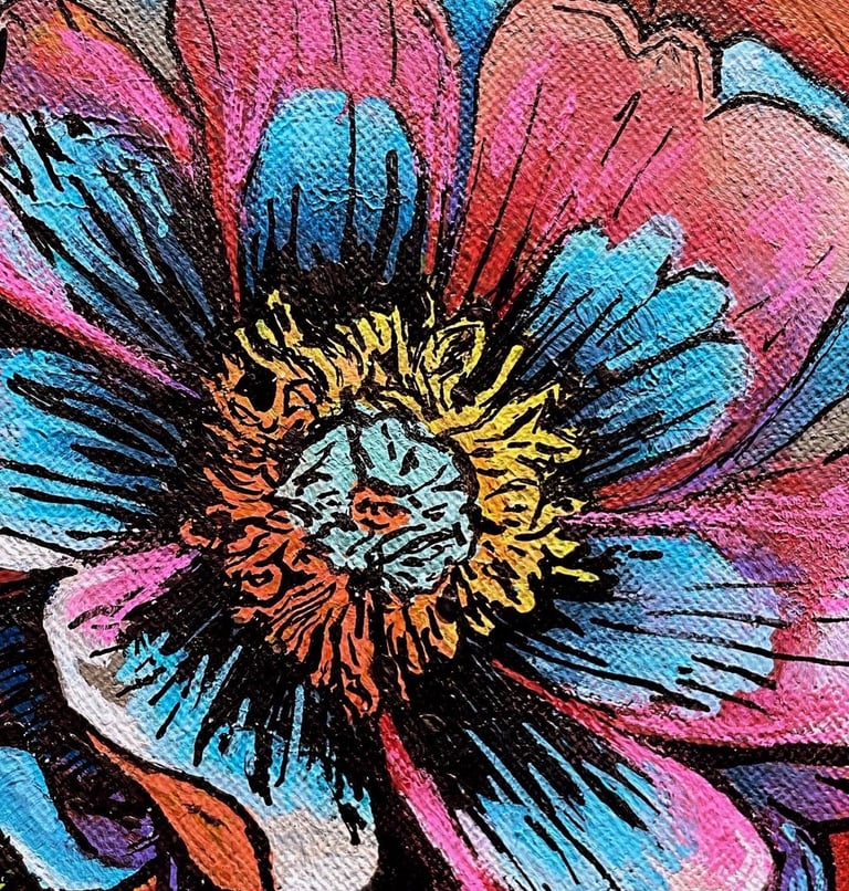 une fleur rose et bleu et jaune