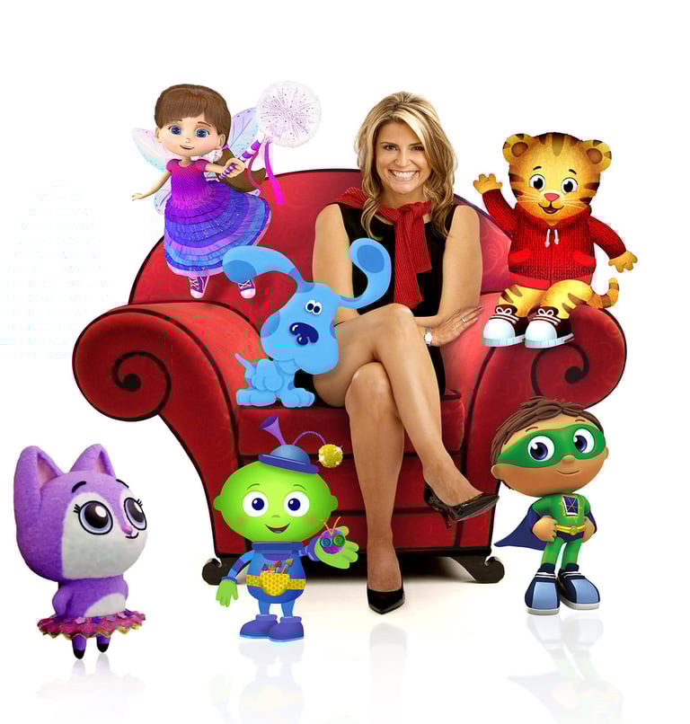 Angela Santomero with her show creations: Princess Penelope Blue's CLues Super WHy Daniel Tiger more