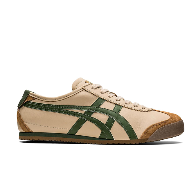 Onitsuka Tiger Mexico 66 sneaker in cream leather with green stripes and tan suede accents, classic 