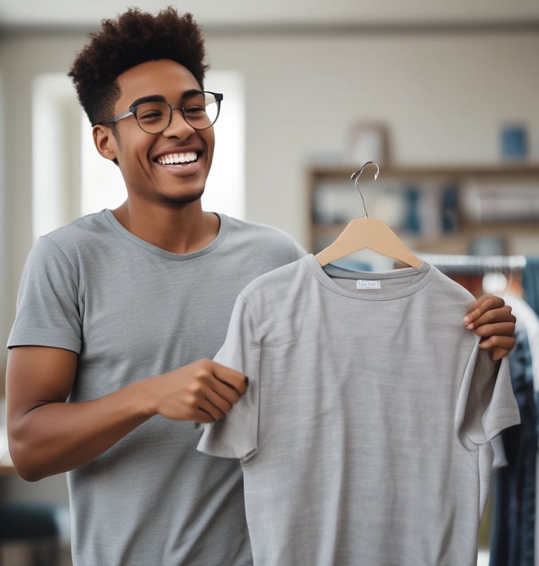 A colorful rack of T-shirts featuring abstract patterns and bold colors is displayed outdoors. The front shirt is bright green with an eye-like design in the center, surrounded by intricate patterns in red and black. Other shirts behind it display varying designs and vibrant colors, adding to the artistic vibe.