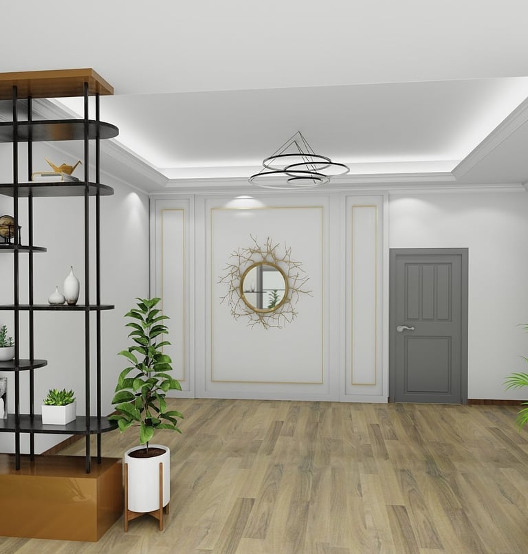 Modern living room interior with a minimalist black bookshelf, hardwood floors, and gold sunburst mirror.