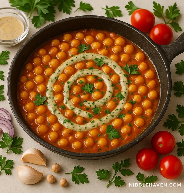 Overhead view of spiced chickpea and tomato shakshuka in a rustic skillet, topped with herbed tahini