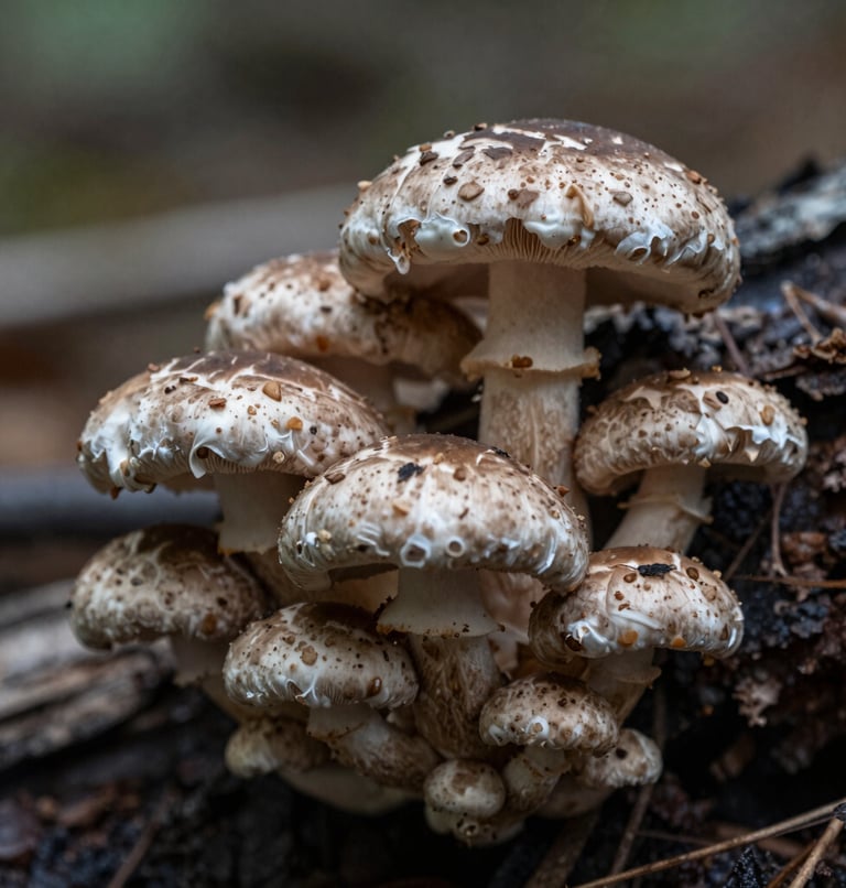 Cluster of wild Shiitake mushrooms growing on a decaying log in a forest (Lentinula edodes)