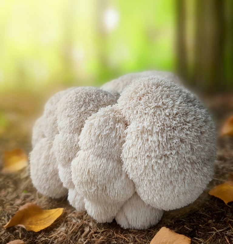 a Lion's mane mushroom on the forest floor, Hericium erinaceus