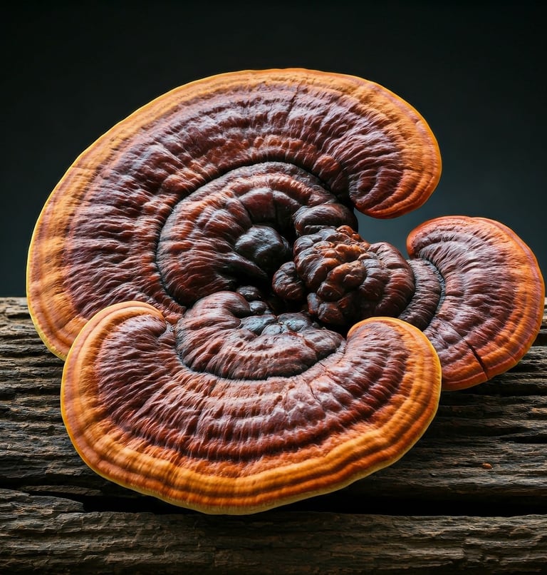 a reishi mushroom growing on a tree branch, Lingzhi or Ganoderma lucidum