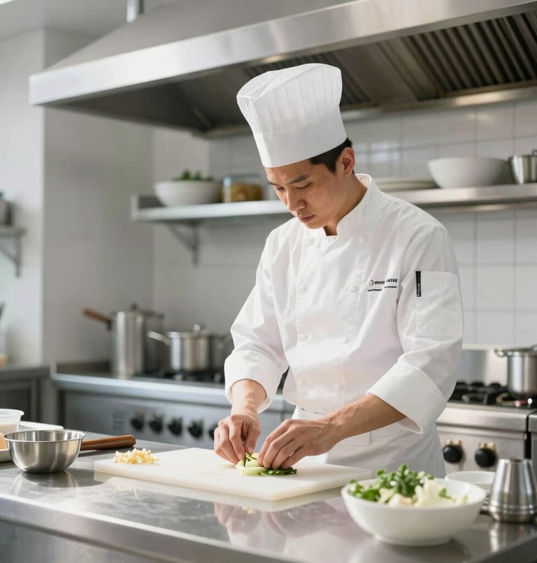 Portrait shot of a professional chef in a spotless, modern industrial kitchen, wearing clean whites, meticulously arranging ingredients on a stainless steel counter, bright natural daylight, soft shadows, deep petroleum and fresh white tones.