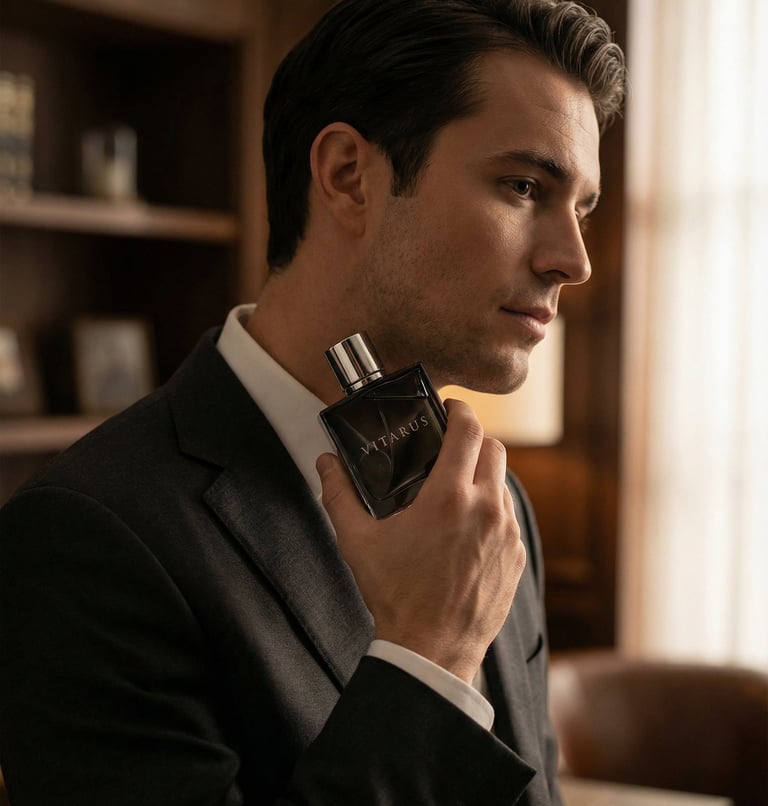 A well-dressed man in a suit holding a Vitarus luxury men's fragrance bottle in a library setting.