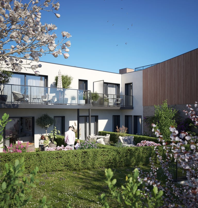 Façade contemporaine de la résidence Les Terrasses du Fort au Havre vue depuis la rue Cochet