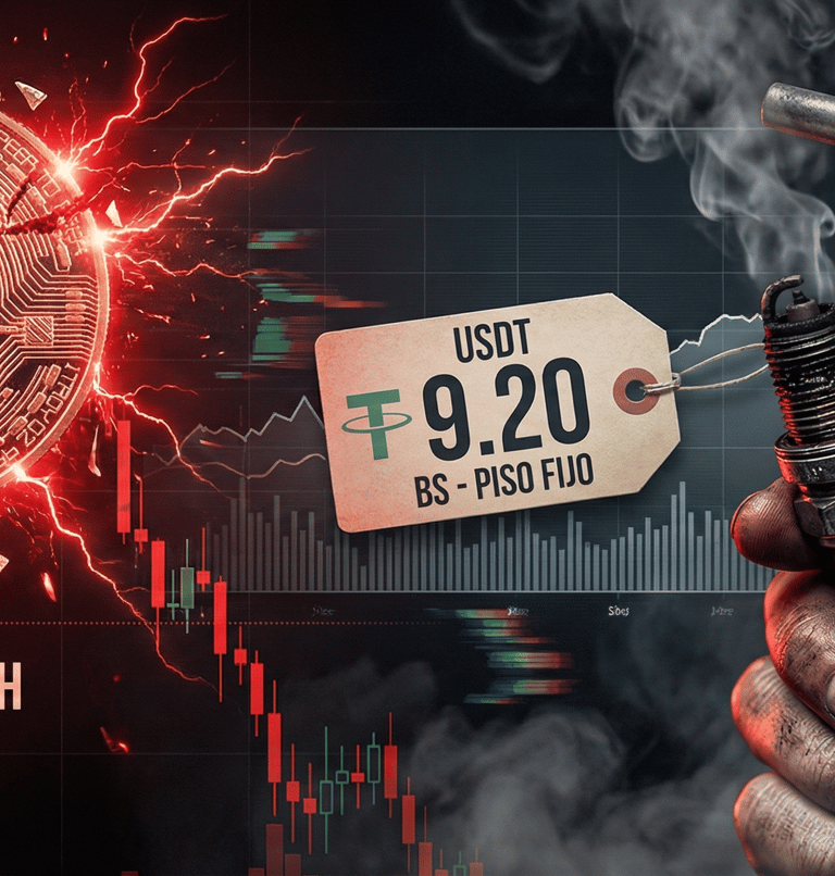 A Bitcoin crash chart with red lightning next to a hand holding a spark plug and fuel nozzle.