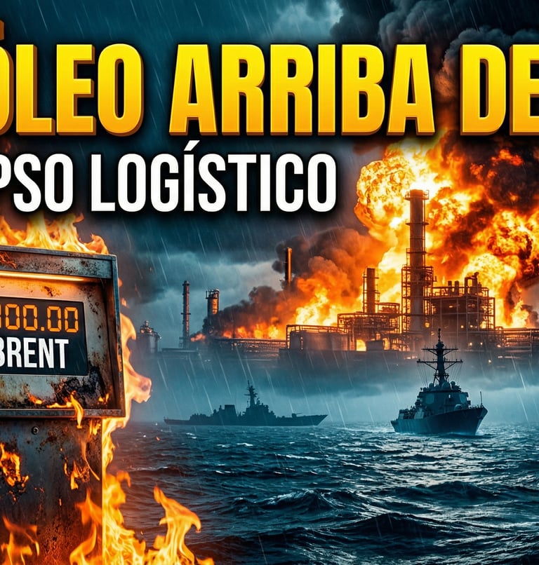 Infografía sobre crisis del petróleo con refinería en llamas, buques de guerra y surtidor de gasolina Brent.