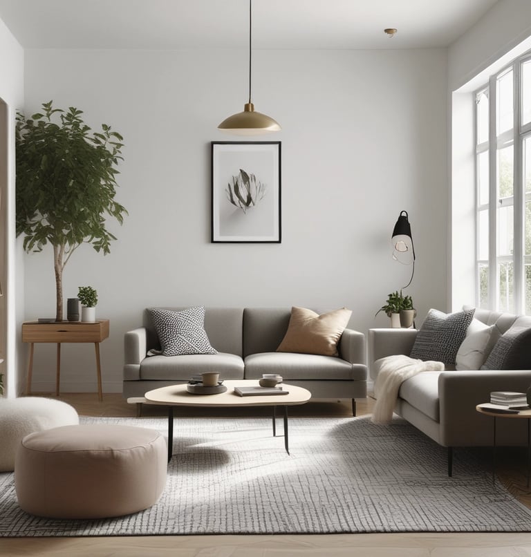 Curated flat-lay of modern minimalist décor pieces including ceramics, lamp, and soft-toned accents.