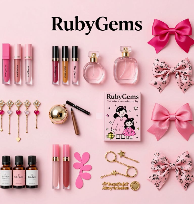 Collection of girly pink lifestyle items including Ruby Gems lip gloss, perfumes, hair bows, and jewelry.