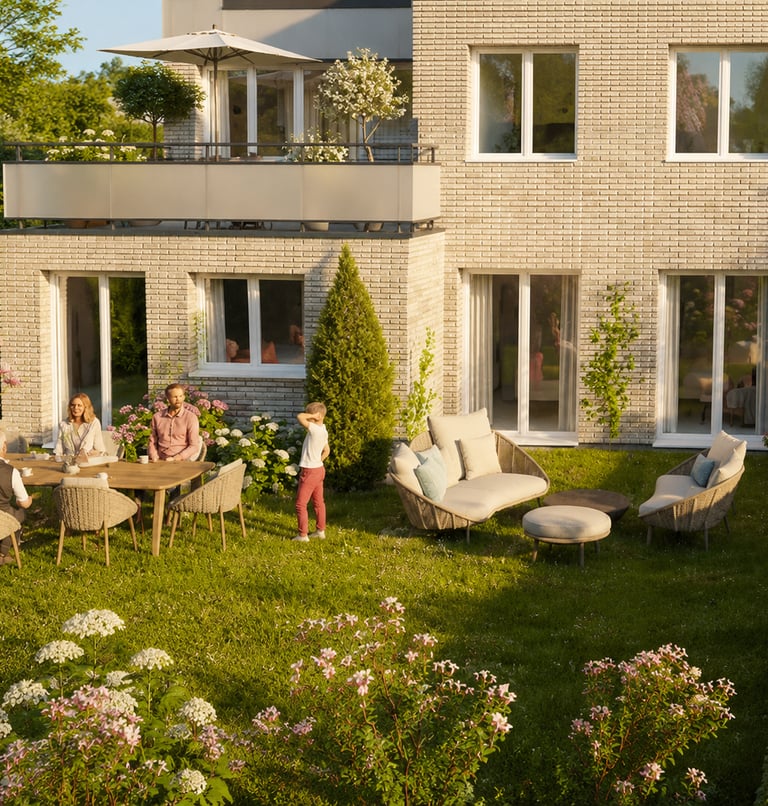 Jardin privatif d’un appartement de la Résidence Les Ricochets II avec espace détente et aménagement