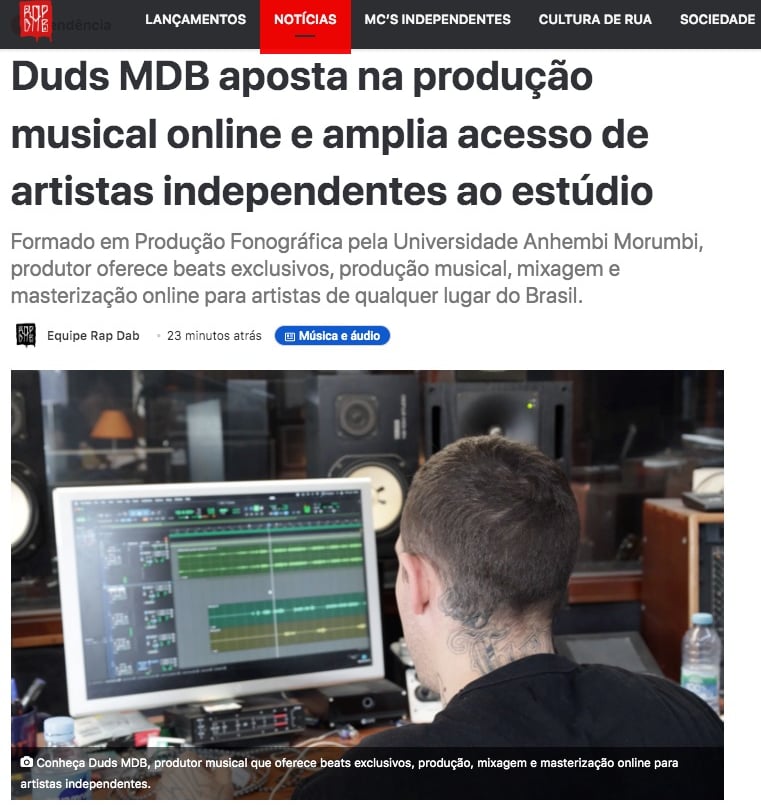 Rap Dab publica reportagem destacando a trajetória de Duds MDB na produção musical online entre Brasil e Portugal