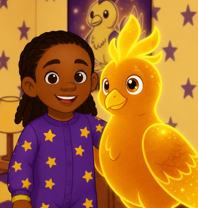 A smiling girl in star pajamas stands with a glowing yellow bird in a starry bedroom.