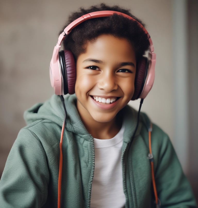A smiling child wearing headphones, peacefully listening to an audio session in a cozy room.