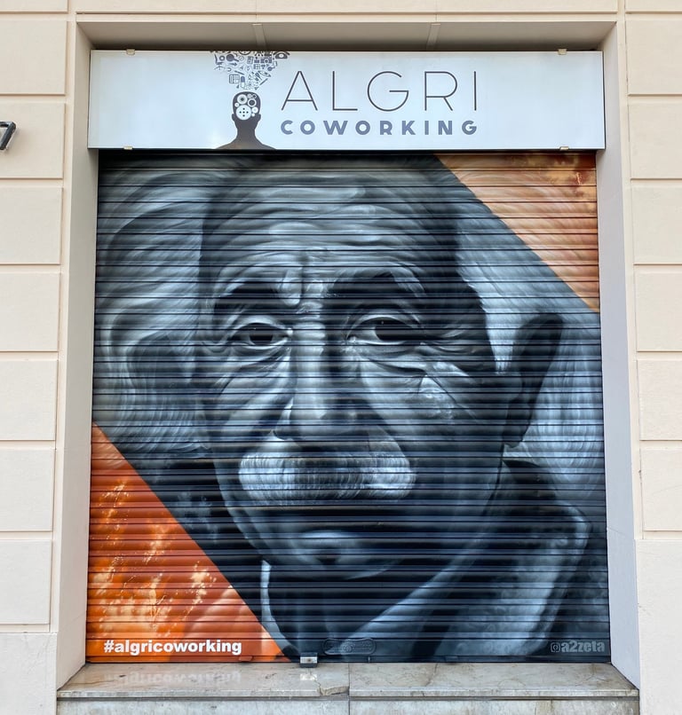 Intervención artística sobre persiana metálica pintada con spray. Diseño figurativo contemporáneo co