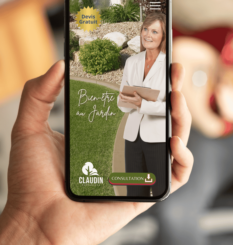 Smartphone montrant un site web de service d'aménagement paysager avec un paysagiste.