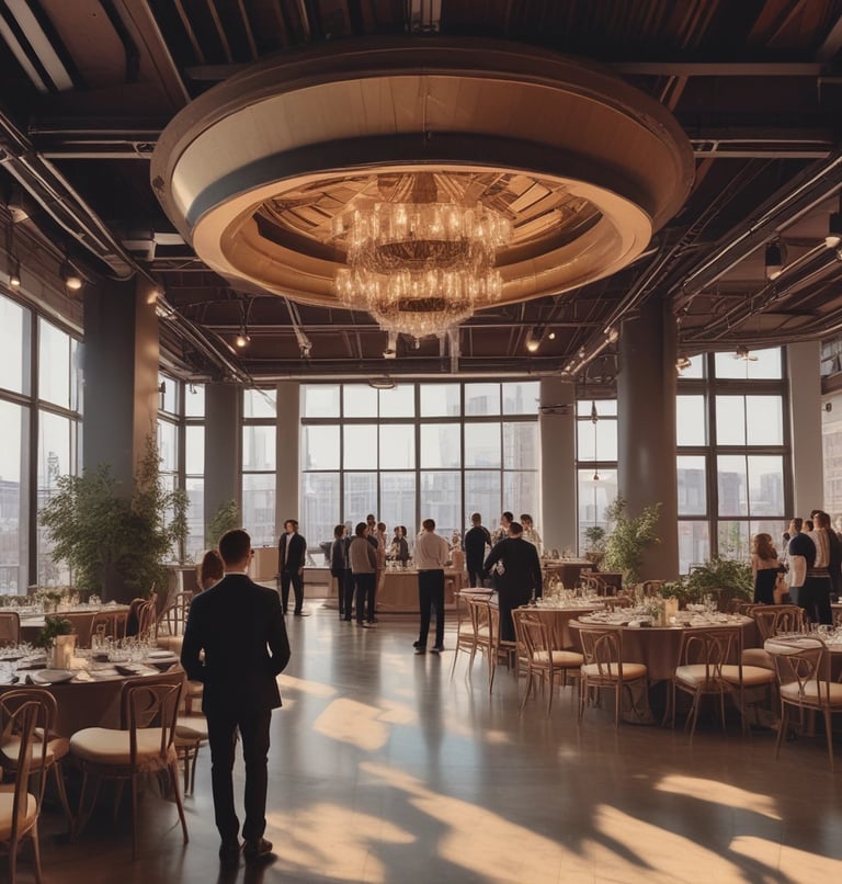 An outdoor event setup with rows of white and black chairs arranged in front of a stage. A large sign on the stage reads 'Festival of creative industries' with a date '09.09'. The venue is surrounded by modern architecture with large windows and a brick building visible in the background. Plants and trees add a natural touch to the urban setting.
