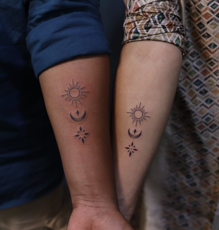 best friends matching tattoos on arm at Dudo’s Tattoos in Hyde