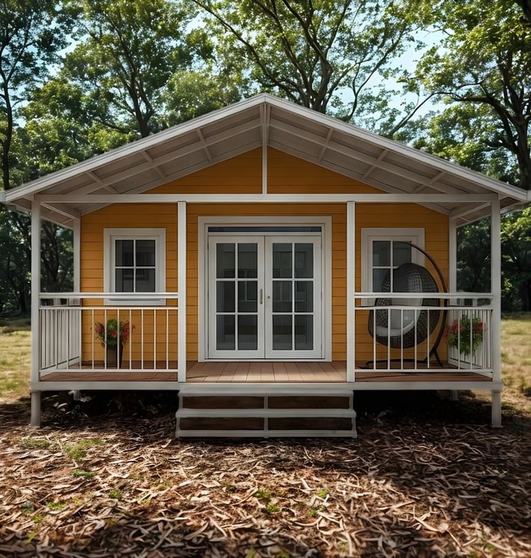 Maison conteneur préfabriquée avec ossature acier blanche en forêt.