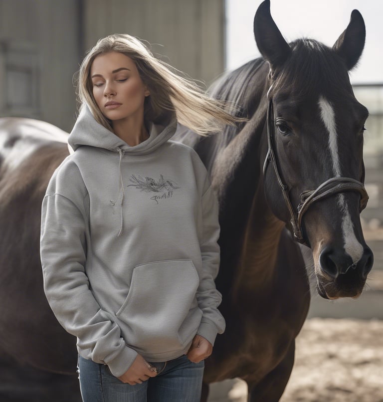 a woman in a sweatshirt standing next to a horse