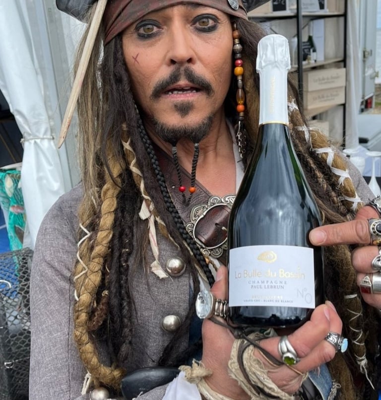 Visage de Jack Sparow tenant une bouteille de Champagne La Bulle du Bassin