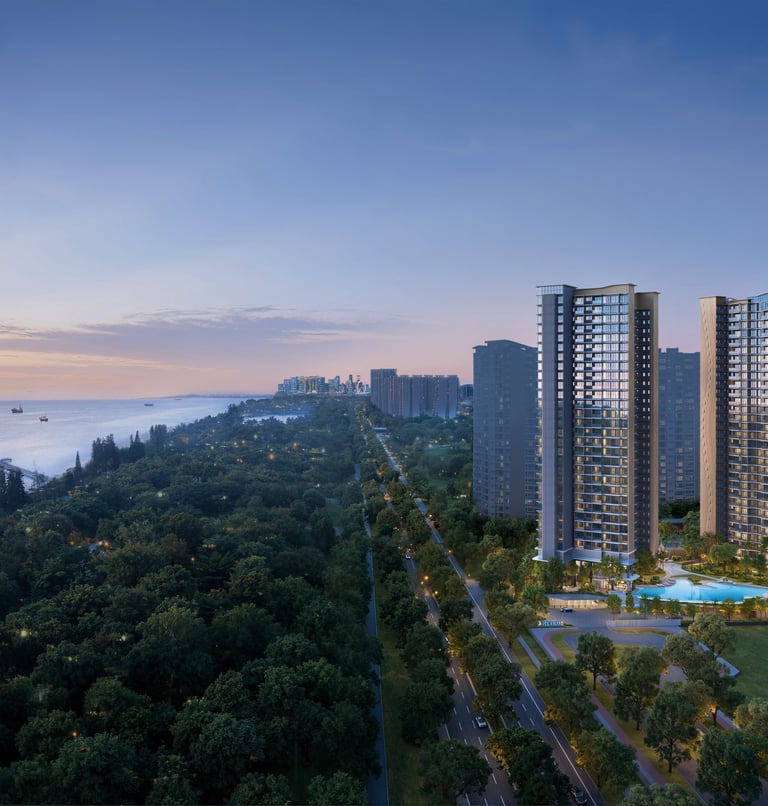 Luxury high-rise residential apartments at sunset with ocean views and lush green parkland.
