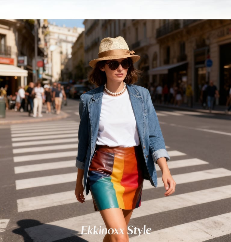 Femme stylée transformant un basique blanc avec accessoires colorés et layering chic, astuce mode 