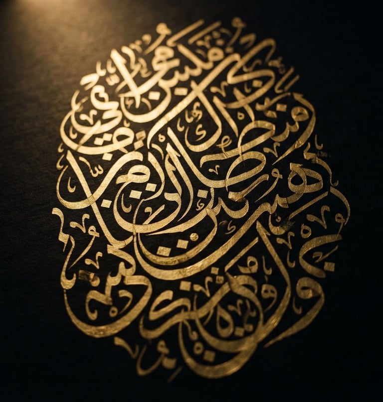 Close-up of elegant golden Arabic calligraphy on a deep black background, low-key lighting, soft golden glow, luxurious, detailed, 35mm film, portrait aspect.