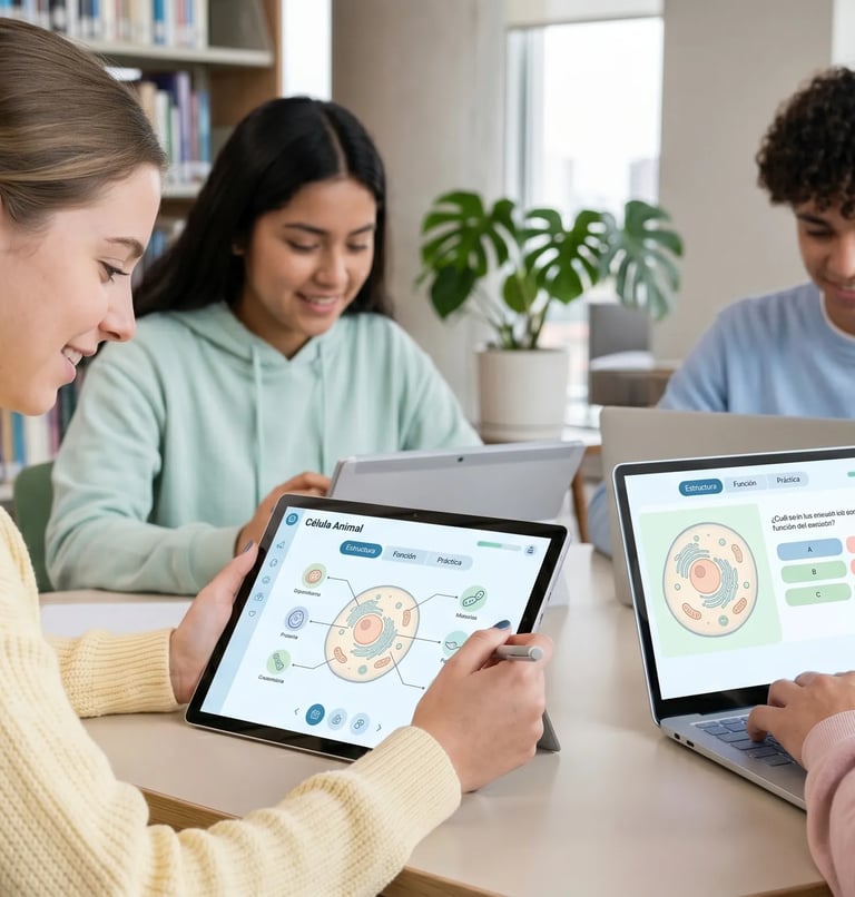 Aplicación educativa con interfaz clara y elementos interactivos para estudiantes.