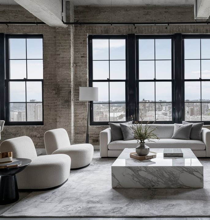 a living room with a couch and a table