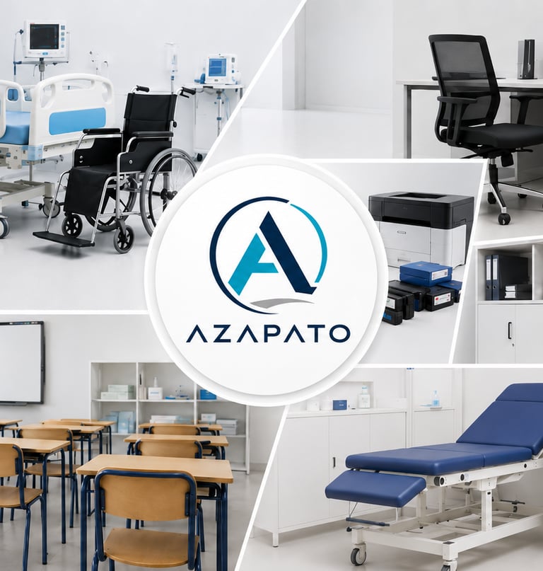 Collage of professional office, medical, and classroom furniture solutions by Azapato.