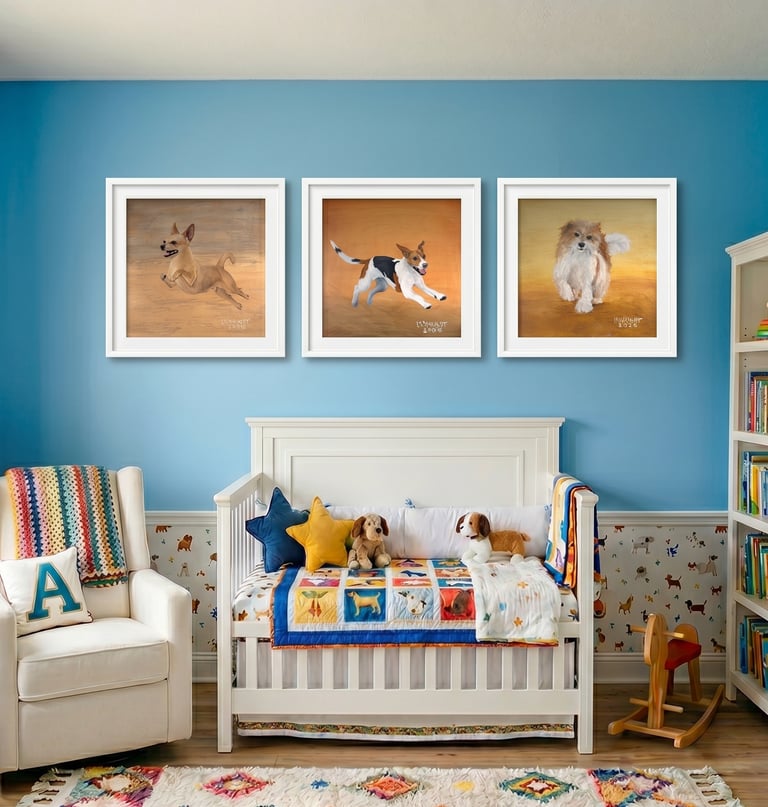 Baby's room in bright colors and oil paintings