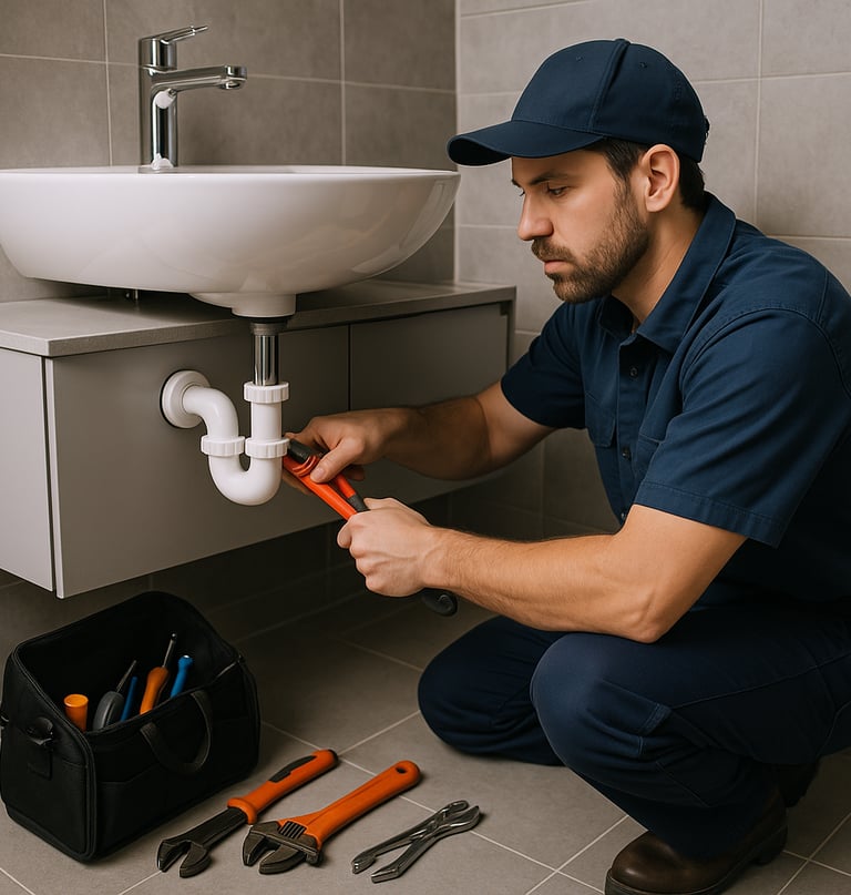 A plumber repairs sink piping with tools neatly arranged in a modern bathroom.