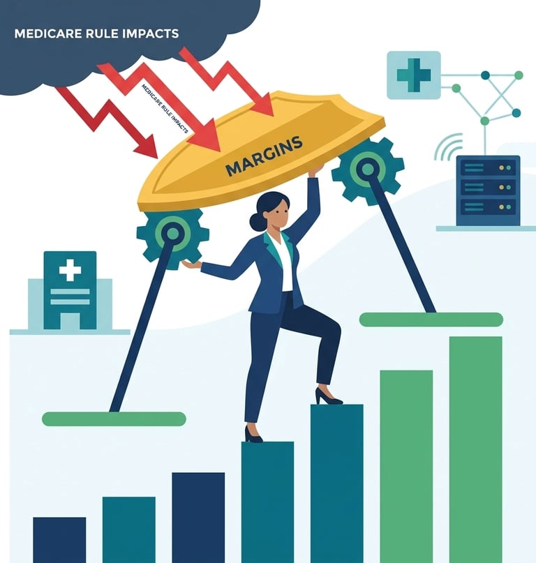 A professional hero image showing a healthcare executive reviewing financial charts representing the